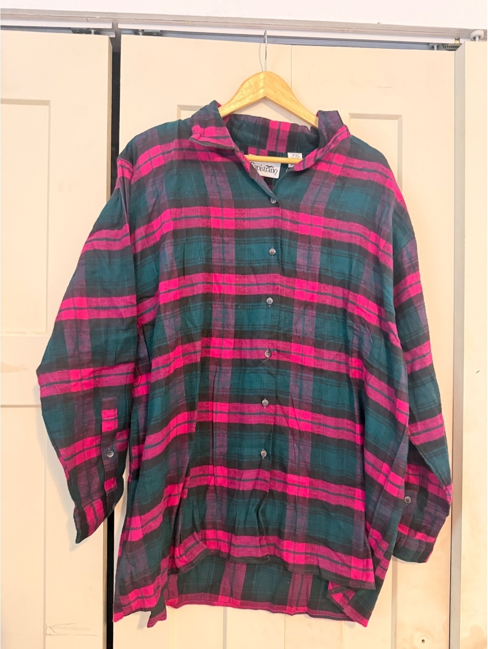 Vintage Capistrano 100% cotton fuschia green plaid button top blouse shirt 18/20